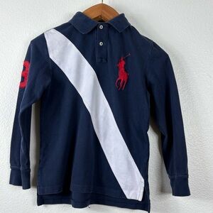 Ralph Lauren Navy Long-Sleeve Polo with White Diagonal Stripe and Red Logo